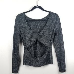 Black White Shiny Long Sleeve Exposed Midriff Top